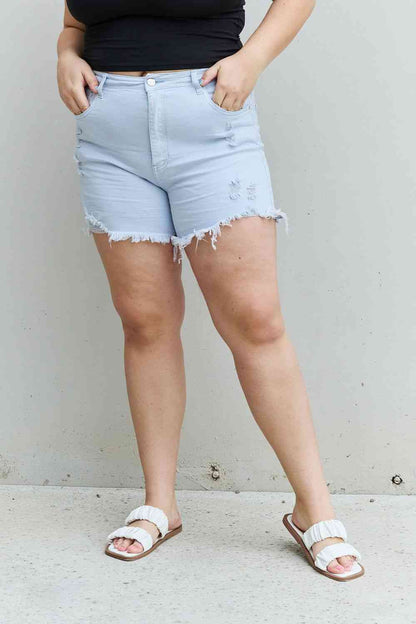 RISEN Katie Full Size High Waisted Distressed Shorts in Ice Blue