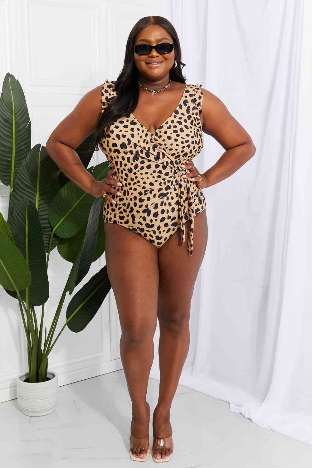 Marina West Swim Full Size Float On Ruffle Faux Wrap One-Piece in Leopard