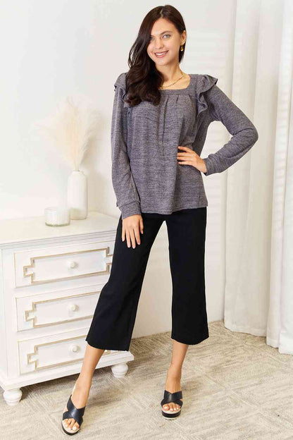 Double Take Square Neck Ruffle Shoulder Long Sleeve T-Shirt